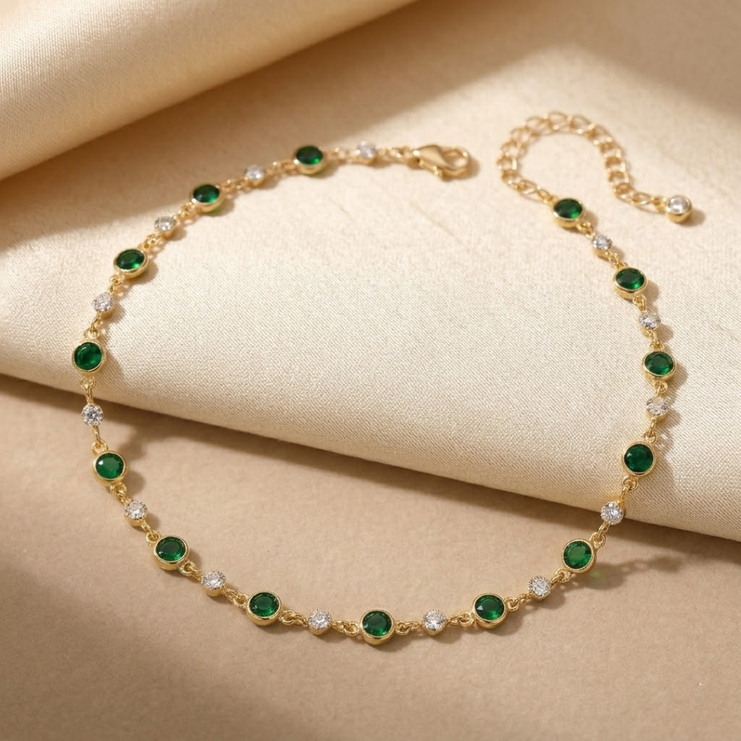 Gold Tone Emerald Station Necklace