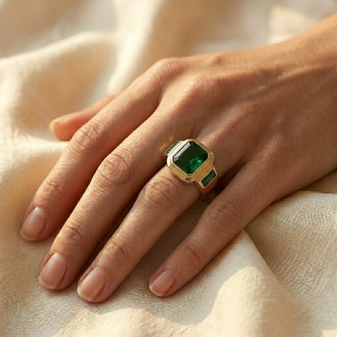 Gold Tone Emerald Signet Ring