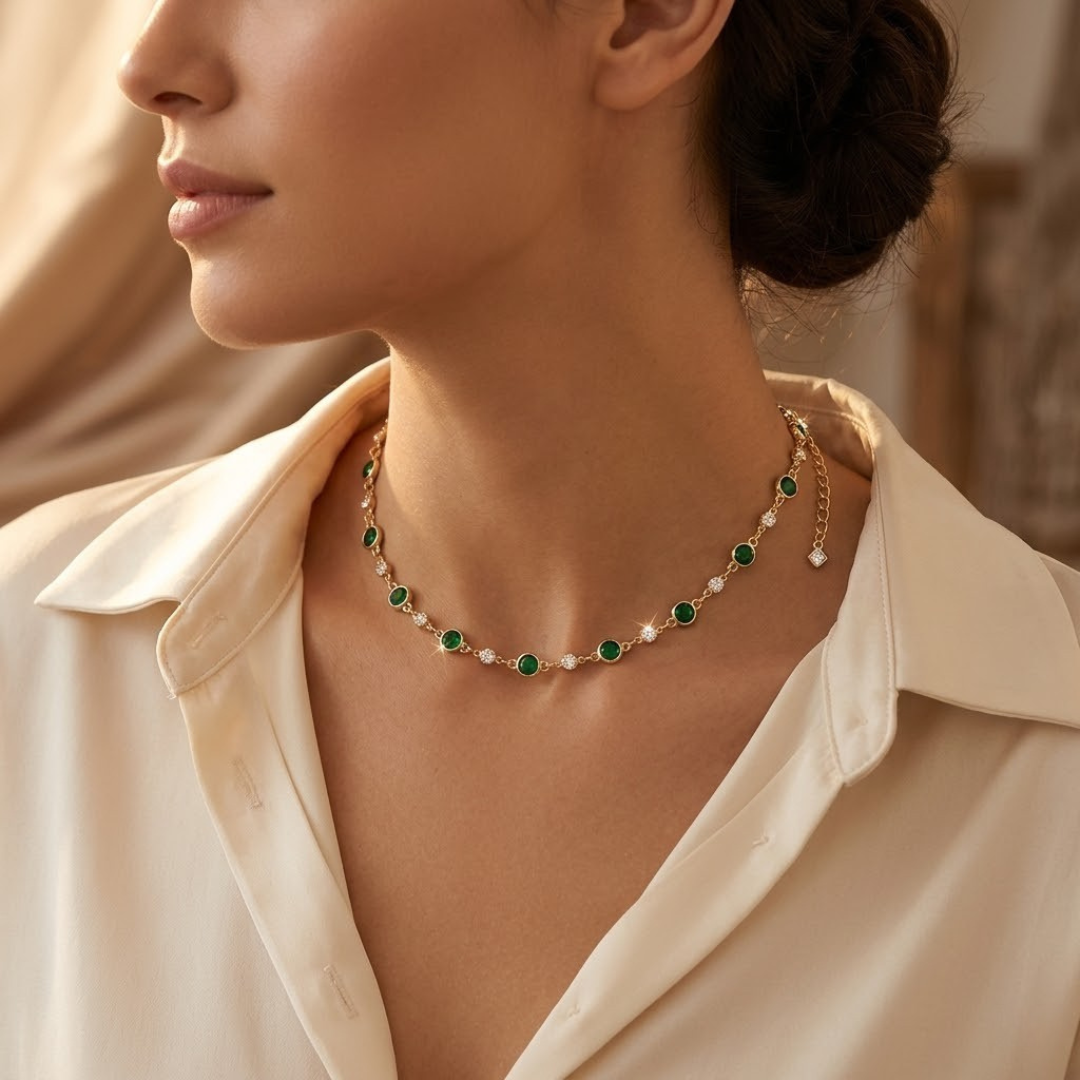 Gold Tone Emerald Station Necklace