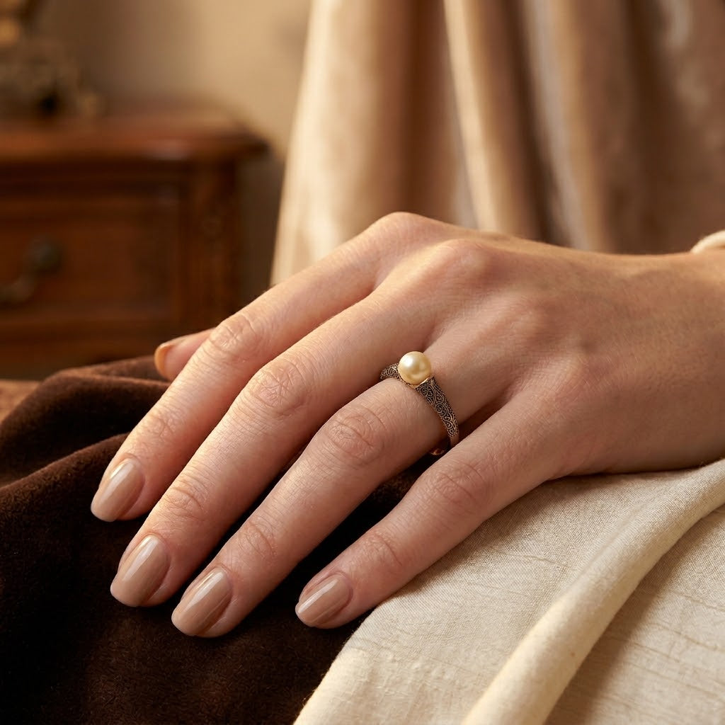 Gold Tone Filigree Pearl Ring