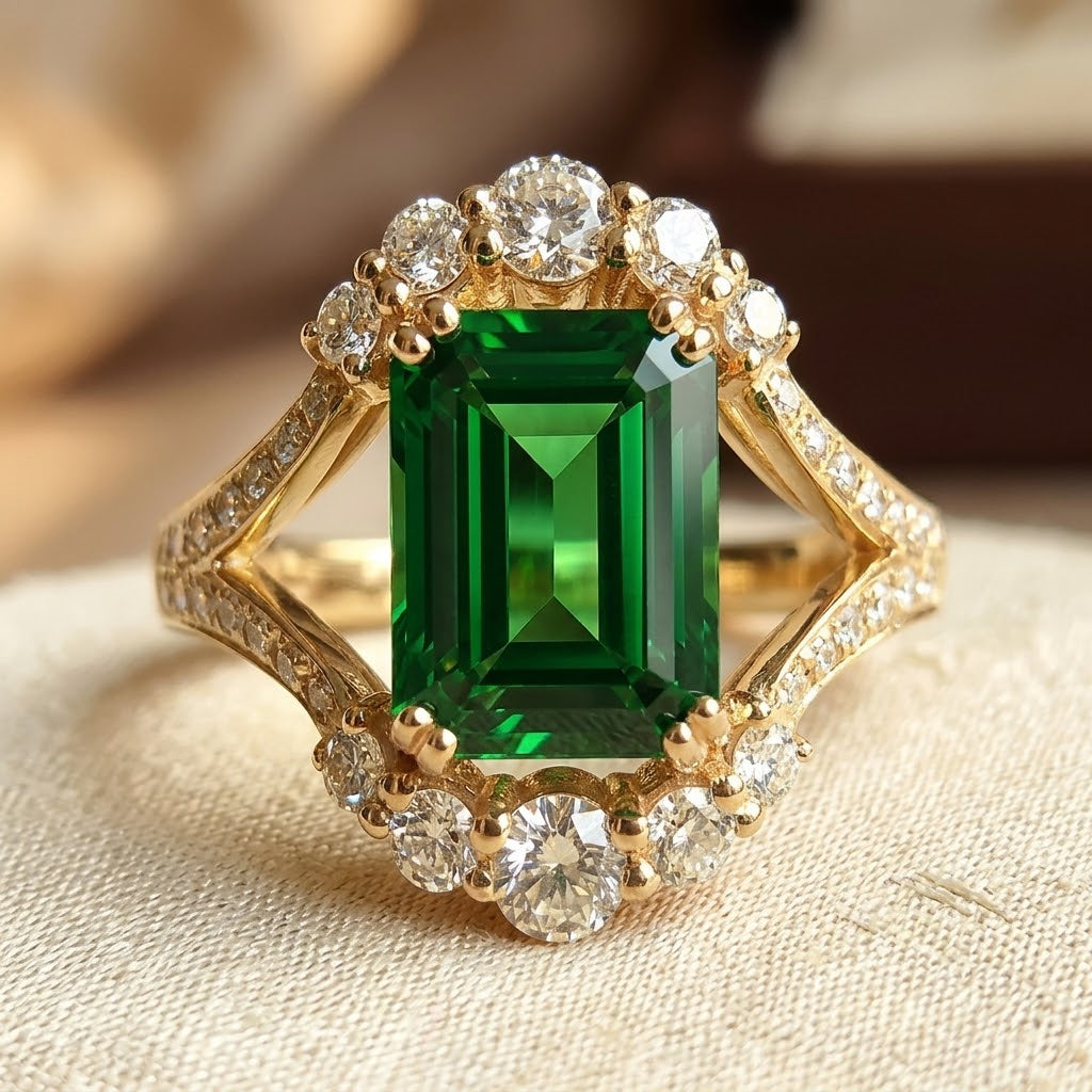 Gold Tone Emerald Halo Ring