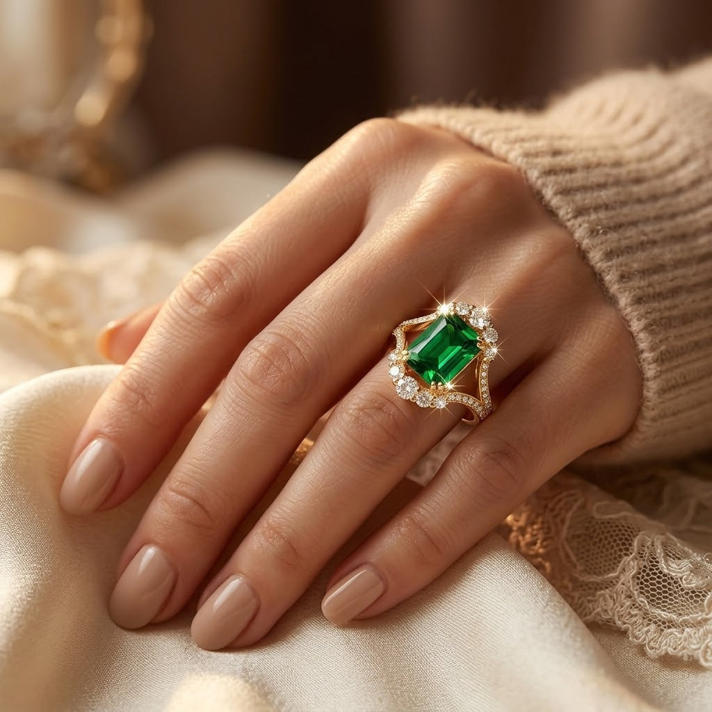 Gold Tone Emerald Halo Ring