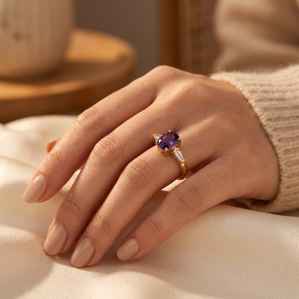 Gold Tone Amethyst Three-Stone Ring