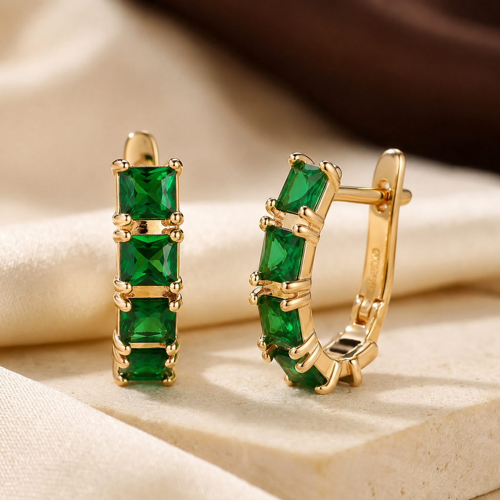 Gold Tone Emerald Chunky Hoop Earrings