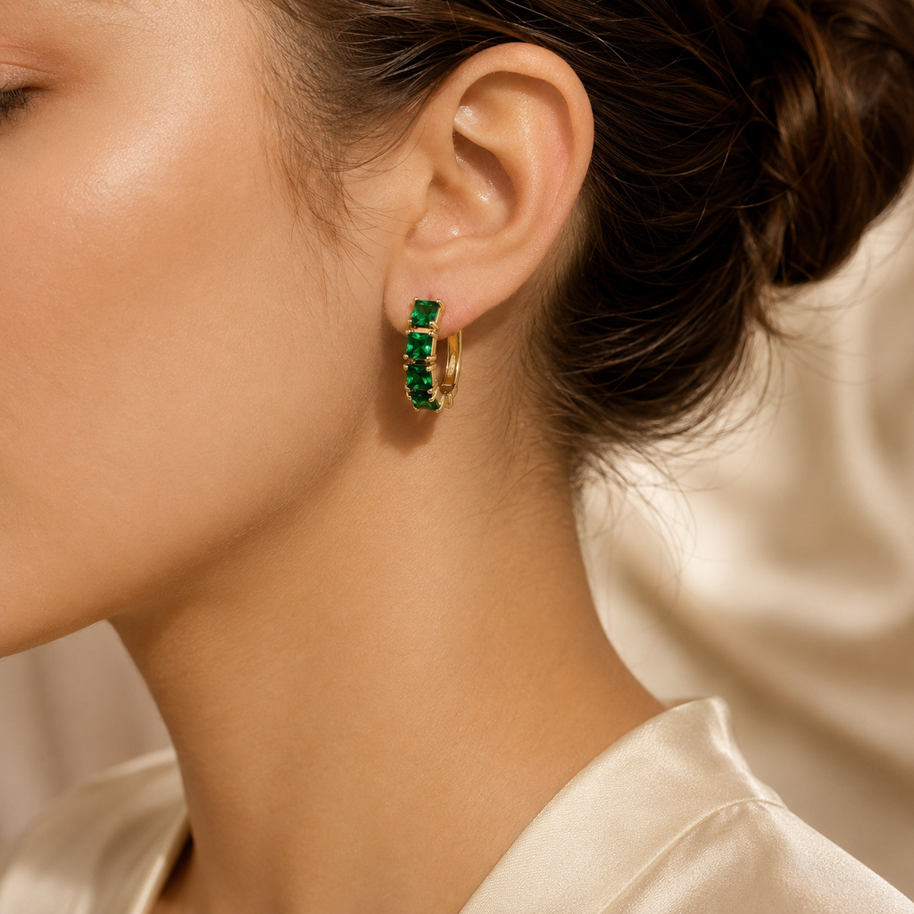 Gold Tone Emerald Chunky Hoop Earrings