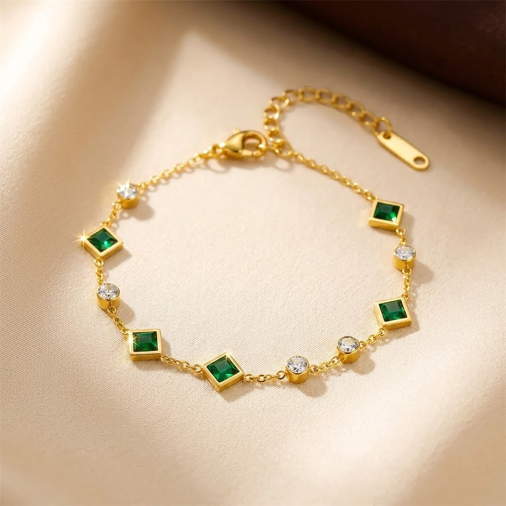 Gold Tone Emerald Station Bracelet