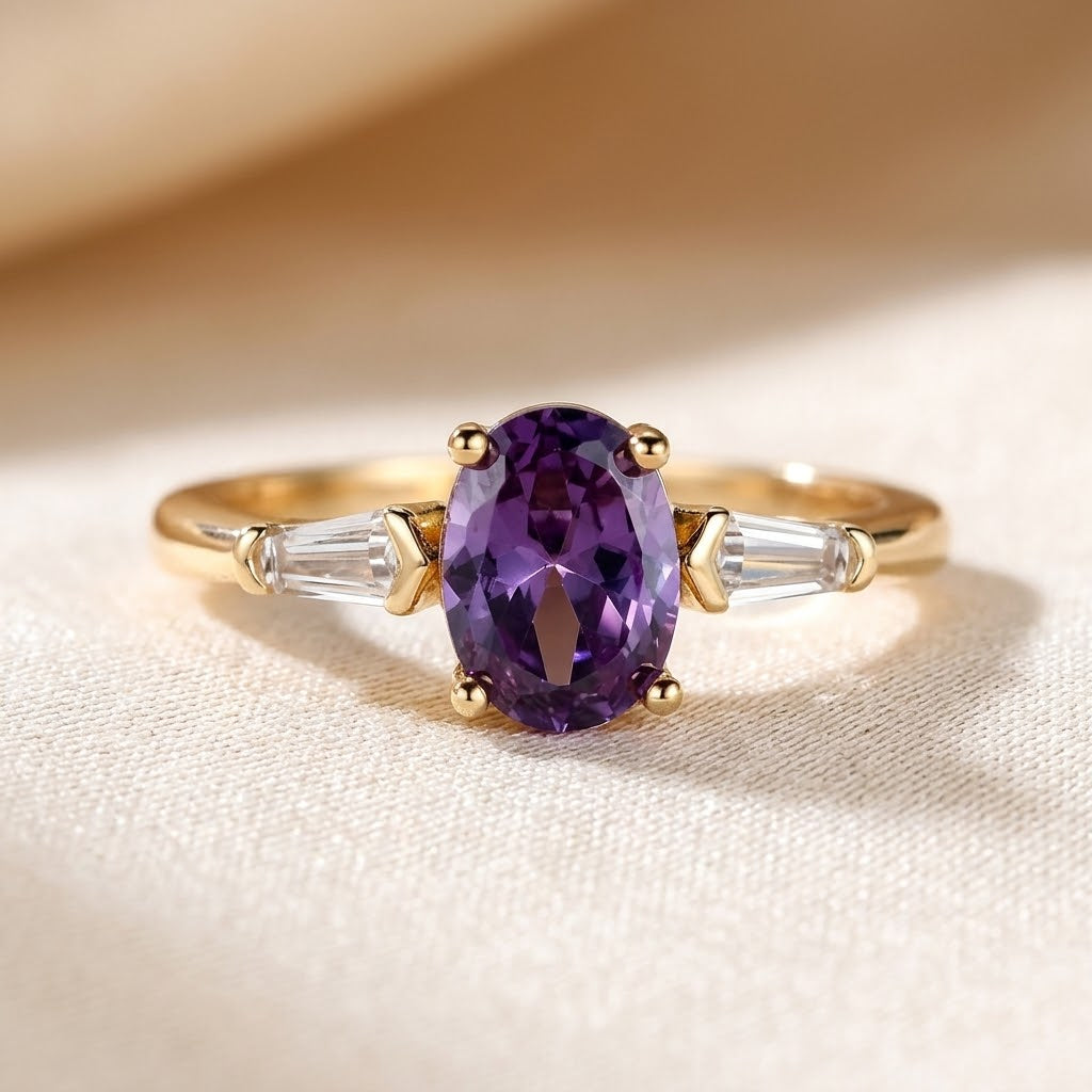 Gold Tone Amethyst Three-Stone Ring