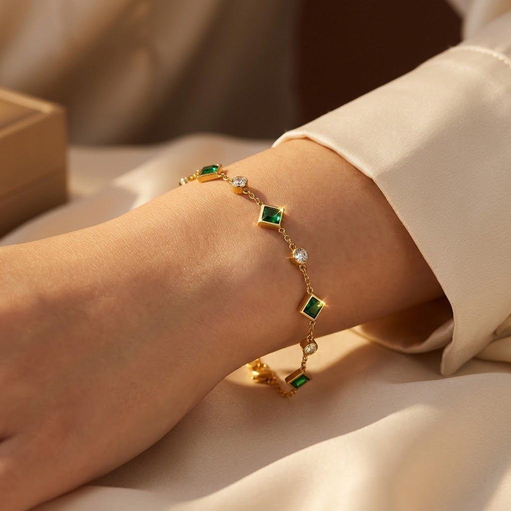 Gold Tone Emerald Station Bracelet
